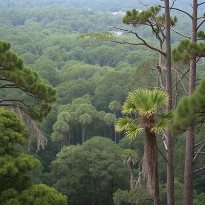 Primary subject: Palm tree
Setting/background: Forest
Visual style: Photo
Colors and mood: Green and serene